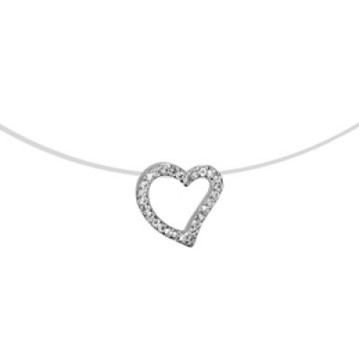 Collier en argent rhodié fil en nylon avec pendentif coeur asymétrique évidé orné d'oxydes blancs - longueur 42cm