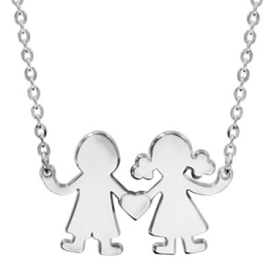 Collier en argent chaîne avec pendentif 1 petite fille et 1 petit garçon reliés par un coeur au milieu possibilité de gravure- longueur 40cm + 4cm de rallonge