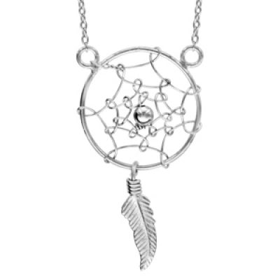 Collier en argent rhodié chaîne avec pendentif attrape rêves avec petite boule lisse au milieu et 1 plume suspendue - longueur 42cm + 3cm de rallonge