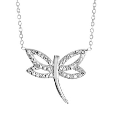 Collier en argent rhodié chaîne avec pendentif libellule ajourée avec ailes ornées d'oxydes blancs au milieu - longueur 37cm + 4cm de rallonge