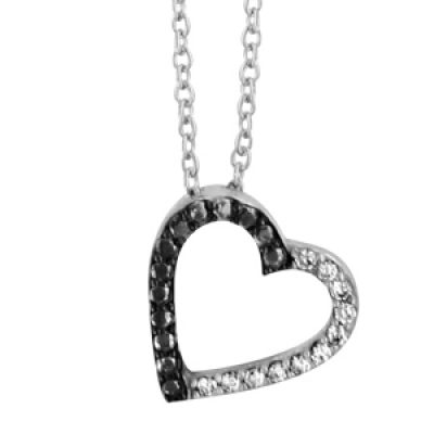 Collier en argent rhodié chaîne avec pendentif coeur évidé avec 1 moitié en oxydes blancs sertis et l'autre en oxydes noirs - longueur 40cm + 4cm de rallonge