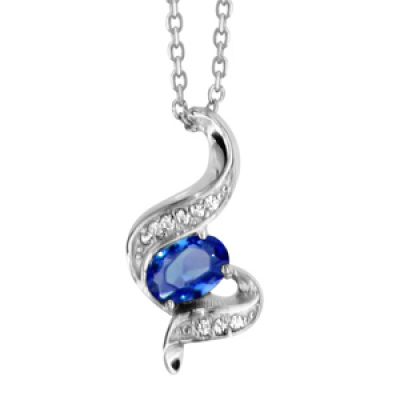 Collier en argent rhodié collection joaillerie chaîne avec pendentif oxyde ovale bleu au centre de vagues ornées d'oxydes blancs sertis - longueur 40cm + 4cm de rallonge