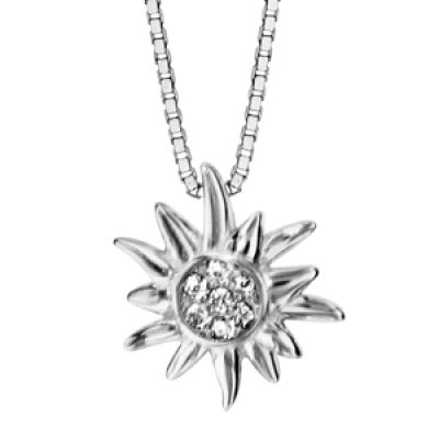 Collier en argent rhodié chaîne avec pendentif fleur d'edelweiss ornée d'oxydes blancs sertis - longueur 42cm + 3cm de rallonge