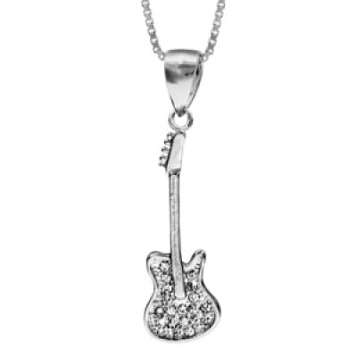 Collier en argent rhodié chaîne avec pendentif guitare ornée d'oxydes blancs sertis - longueur 42cm + 3cm de rallonge