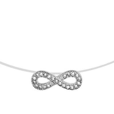 Collier en argent rhodié fil en nylon avec pendentif symbole infini orné d'oxydes blancs sertis - longueur 41cm