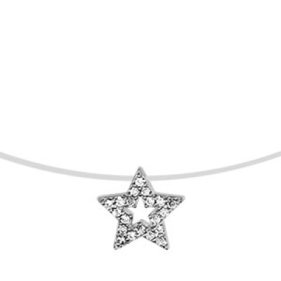 Collier en argent rhodié fil en nylon avec pendentif étoile évidée avec contour orné d'oxydes blancs sertis - longueur 41cm
