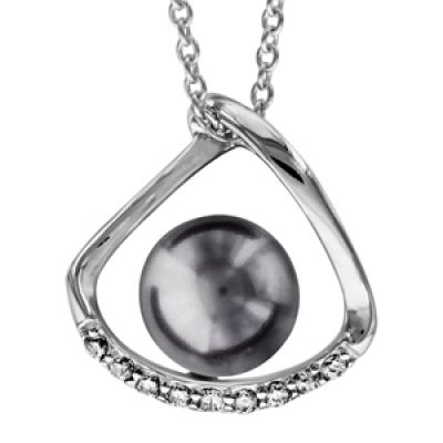 Collier en argent rhodié chaîne avec pendentif forme arrondie ouverte avec perle grise de synthèse 40cm + 4cm