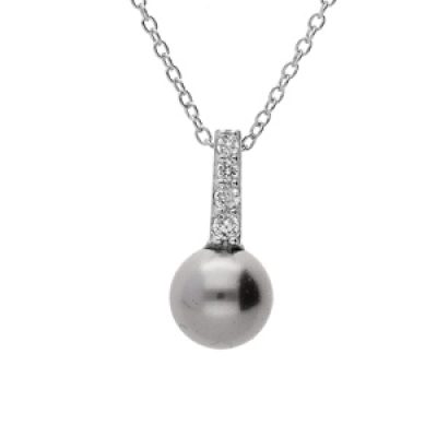 Collier en argent rhodié chaîne avec pendentif barrette d'oxydes blancs avec perle grise de synthèse 40cm + 4cm