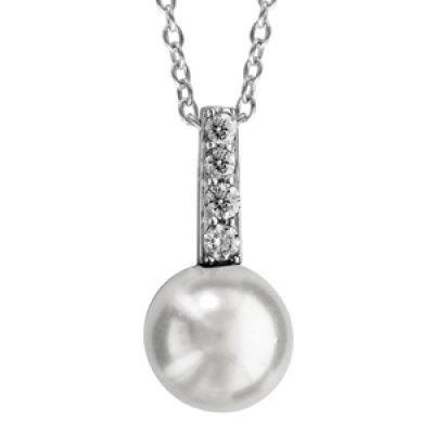 Collier en argent rhodié chaîne avec pendentif barrette d'oxydes blancs avec perle blanche de synthèse 40cm + 4cm