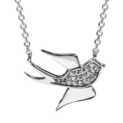 Collier en argent rhodié chaîne avec pendentif hirondelle avec corps orné d'oxydes blancs sertis et ailes lisses - longueur 40cm + 4cm de rallonge