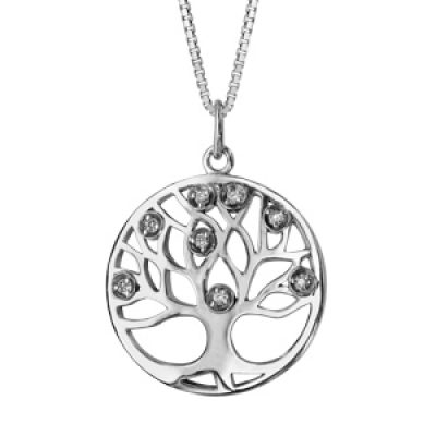 Collier en argent rhodié chaîne avec pendentif cercle suspendu avec arbre de vie découpé et orné d'oxydes blancs à l'intérieur - longueur 42cm + 3cm de rallonge
