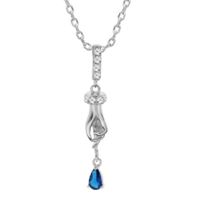 Collier en argent rhodié chaîne avec pendentif main avec oxyde bleu 42+3cm