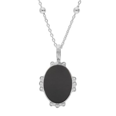 Collier en argent rhodié chaîne avec médaille ovale 14mm perlée pierres naturelles Agate noire 38+5cm