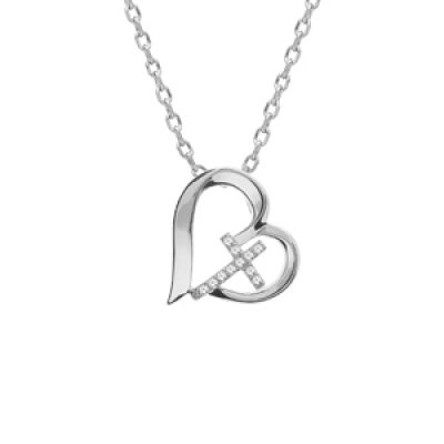 Collier en argent rhodié chaîne avec pendentif coeur et croix oxydes blancs 42+3cm