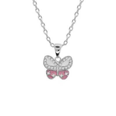 Collier en argent rhodié chaîne avec pendentif papillon pavé d'oxydes blancs et couleur rose 42+3cm