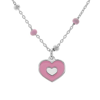 Collier en argent rhodié chaîne avec pendentif coeur rose 38+3cm