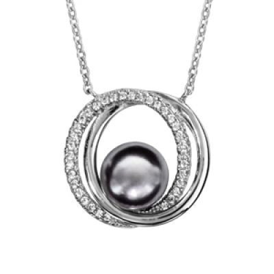 Collier en argent rhodié chaîne avec pendentif 2 anneaux superposés dont 1 lisse et l'autre orné d'oxydes blancs sertis et avec 1 perle grise synthétique au milieu - longueur 40cm + 4cm de rallonge