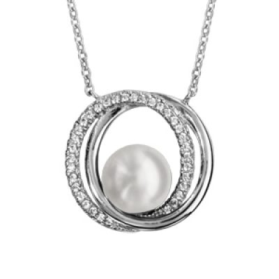 Collier en argent rhodié chaîne avec pendentif 2 anneaux superposés dont 1 lisse et l'autre orné d'oxydes blancs sertis et avec 1 perle blanche synthétique au milieu - longueur 40cm + 4cm de rallonge