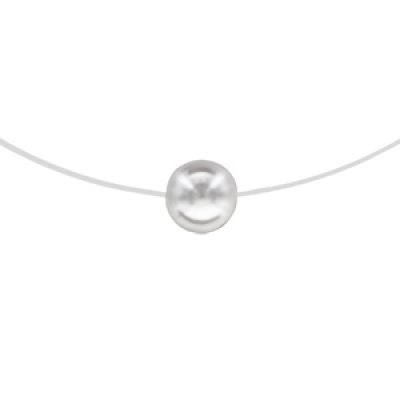 Collier en argent rhodié fil en nylon avec pendentif perle blanche de synthèse 8mm longueur 42cm