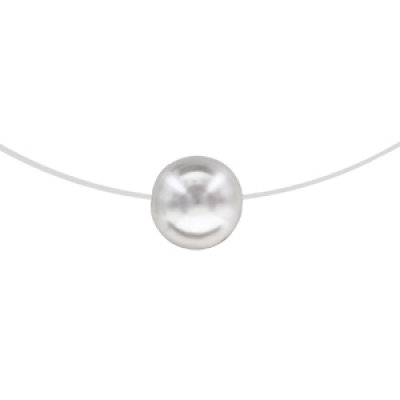 Collier en argent rhodié fil en nylon avec pendentif perle blanche synthétique de 10mm longueur 42cm