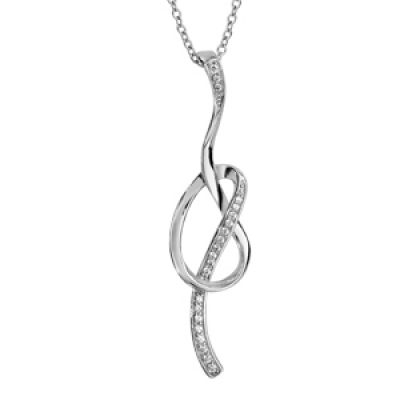 Collier en argent rhodié chaîne avec pendentif brin faisant un noeud avec parties ornées d'oxydes blancs sertis - longueur 42cm + 3cm de rallonge