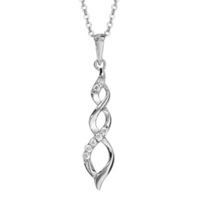 Collier en argent rhodié chaîne avec pendentif torsade lache ornée d'oxydes blancs sertis - longueur 42cm + 3cm de rallonge