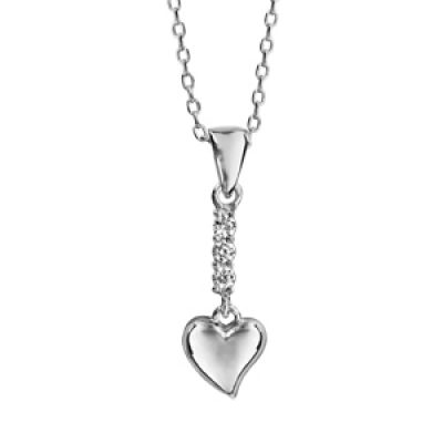 Collier en argent rhodié chaîne avec pendentif barrette d'oxydes blancs sertis avec coeur lisse suspendu - longueur 40cm + 5cm de rallonge