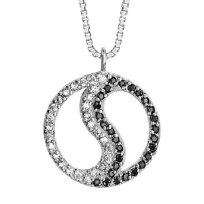 Collier en argent rhodié chaîne avec pendentif Yin & Yang orné d'oxydes noirs et blancs sertis et ajouré - longueur 42cm + 3cm de rallonge