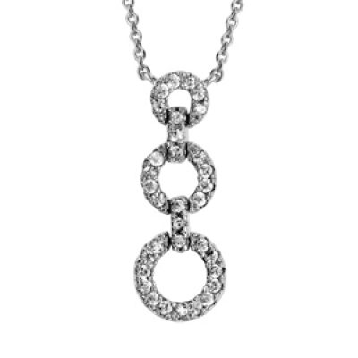 Collier en argent rhodié chaîne avec pendentif 3 anneaux de taille différente ornés d'oxydes blancs sertis - longueur 40cm + 4cm de rallonge