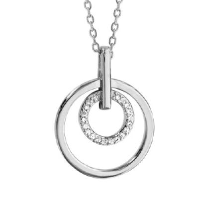 Collier en argent rhodié chaîne avec pendentif 1 anneau lisse et 1 anneau orné d'oxydes blancs à l'intérieur - longueur 45cm