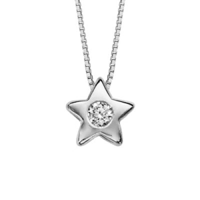 Collier en argent rhodié chaîne avec pendentif étoile lisse avec oxyde blanc serti au centre au milieu - longueur 41