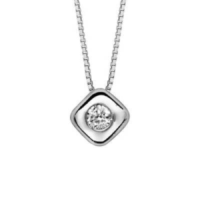 Collier en argent rhodié chaîne avec pendentif carré arrondi avec oxyde blanc serti au centre - longueur 41
