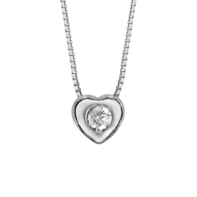 Collier en argent rhodié chaîne avec pendentif coeur avec oxyde blanc serti au centre - longueur 41