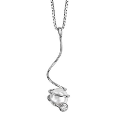 Collier en argent rhodié chaîne avec pendentif fil en spirale avec perle blanche de synthèse 41