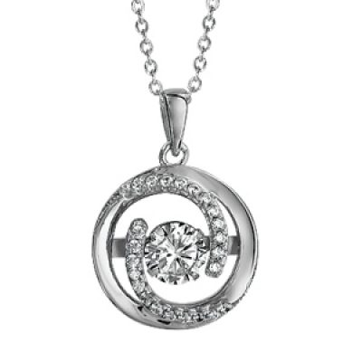 Collier Dancing Stone en argent rhodié chaîne avec pendentif rond et 2 extrémités en spirales ornées d'oxydes blancs - longueur 41