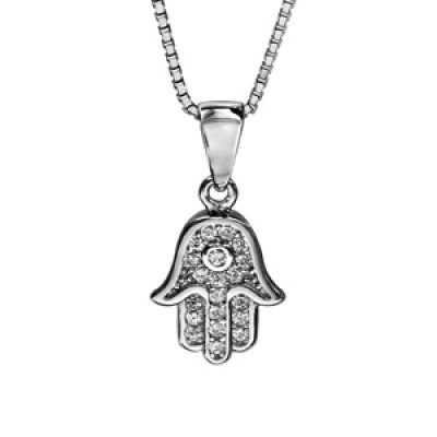 Collier en argent rhodié chaîne avec pendentif main de Fatma ornée d'oxydes blancs - longueur 42cm + 3cm de rallonge