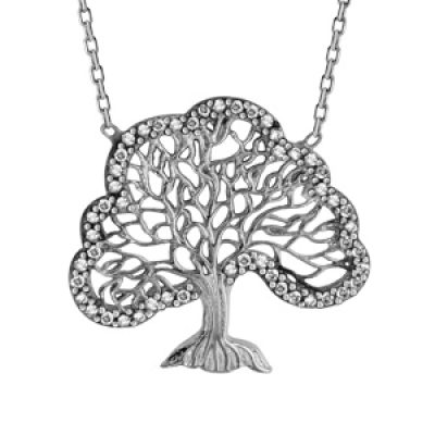 Collier en argent rhodié chaîne avec pendentif arbre de vie avec tour orné d'oxydes blanc sertis - longueur 42cm + 3cm de rallonge