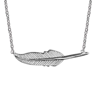 Collier en argent rhodié chaîne avec pendentif plume couchée et nervurée - longueur 38cm + 3cm de rallonge