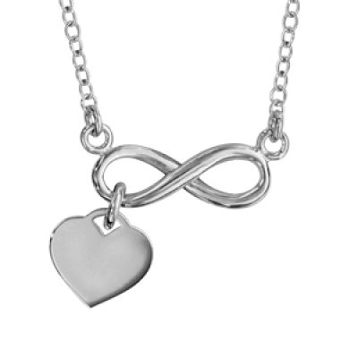 Collier en argent rhodié chaîne avec pendentif symbole infini orné d'1 coeur lisse suspendu - longueur 42cm + 3cm de rallonge