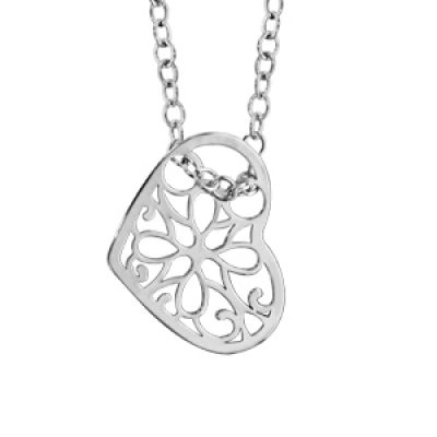 Collier en argent rhodié chaîne avec pendentif coeur ajouré en forme de fleur - longueur 42cm + 3cm de rallonge