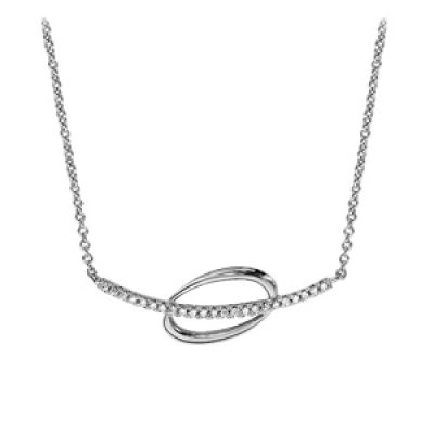 Collier en argent rhodié chaîne avec pendentif rail d'oxydes blancs superposé sur 1 ovale lisse et évidé - longueur 40cm + 4cm de rallonge