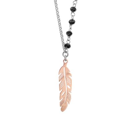 Collier en argent rhodié chaîne avec perles noires et 1 plume dorure rose 62+3cm