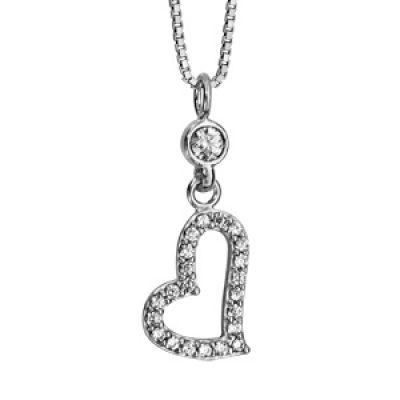 Collier en argent rhodié chaîne avec pendentif coeur asymétrique ajouré orné d'oxydes blancs sertis - longueur 42cm + 3cm de rallonge