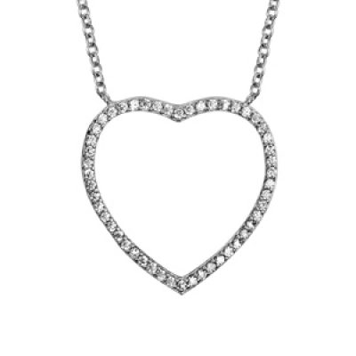 Collier en argent rhodié chaîne avec pendentif coeur fin ajouré orné d'oxydes blancs - longueur 40cm + 4cm de rallonge
