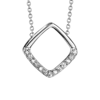 Collier en argent rhodié chaîne avec pendentif carré ajouré avec moitié ornée d'oxydes blancs sertis - longueur 39cm + 3cm de rallonge