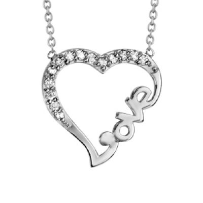 Collier en argent rhodié chaîne avec pendentif coeur évidé découpé "Love" en bas et orné d'oxydes blancs sertis - longueur 39cm + 3cm de rallonge