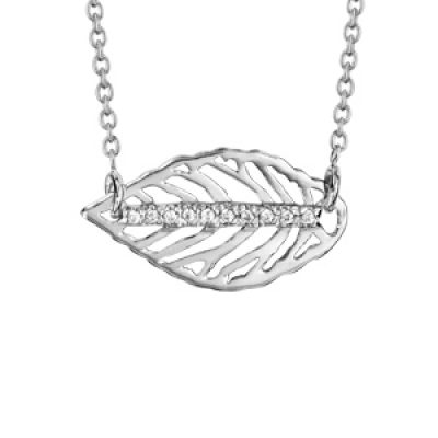 Collier en argent rhodié chaîne avec pendentif feuille nervurée ajourée avec barrette d'oxydes blancs sertis au milieu - longueur 39cm + 3cm de rallonge