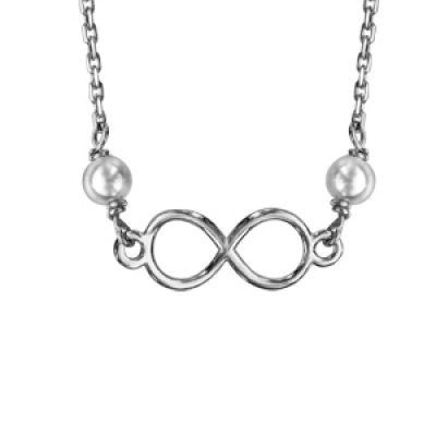 Collier en argent rhodié chaîne avec pendentif symbole infini entouré de 2 perles blanches synthétiques - longueur 35cm + 5cm de rallonge