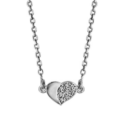 Collier en argent rhodié chaîne avec pendentif coeur dont 1 partie lisse et l'autre ornée d'oxydes blancs - longueur 35cm + 5cm de rallonge