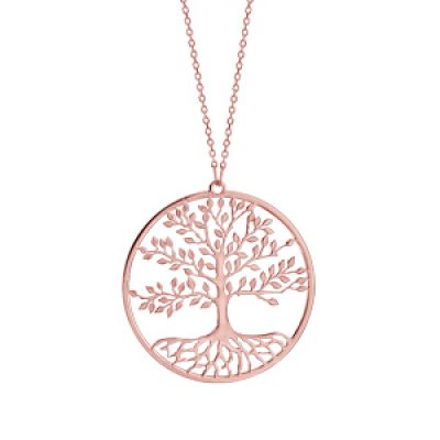 Collier en argent et dorure rose chaîne avec pendentif rond et arbre de vie de vie découpé à l'intérieur - longueur 42cm + 3cm de rallonge